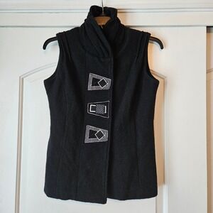 Icelandic Designs Vest Womens Medium Black Wool Embroidered Artsy Snap Geometric